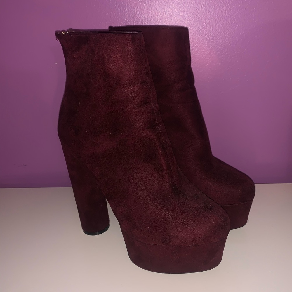 Burgundy Sued Heeled Platform Bootie Boots